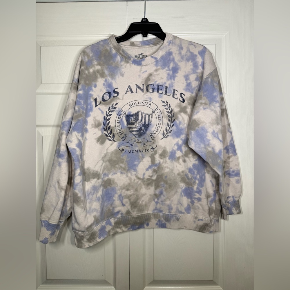 Hollister Cream/Gray/Blue Tie Dye "Los Angeles" Graphic Crew Neck Sweater Size M